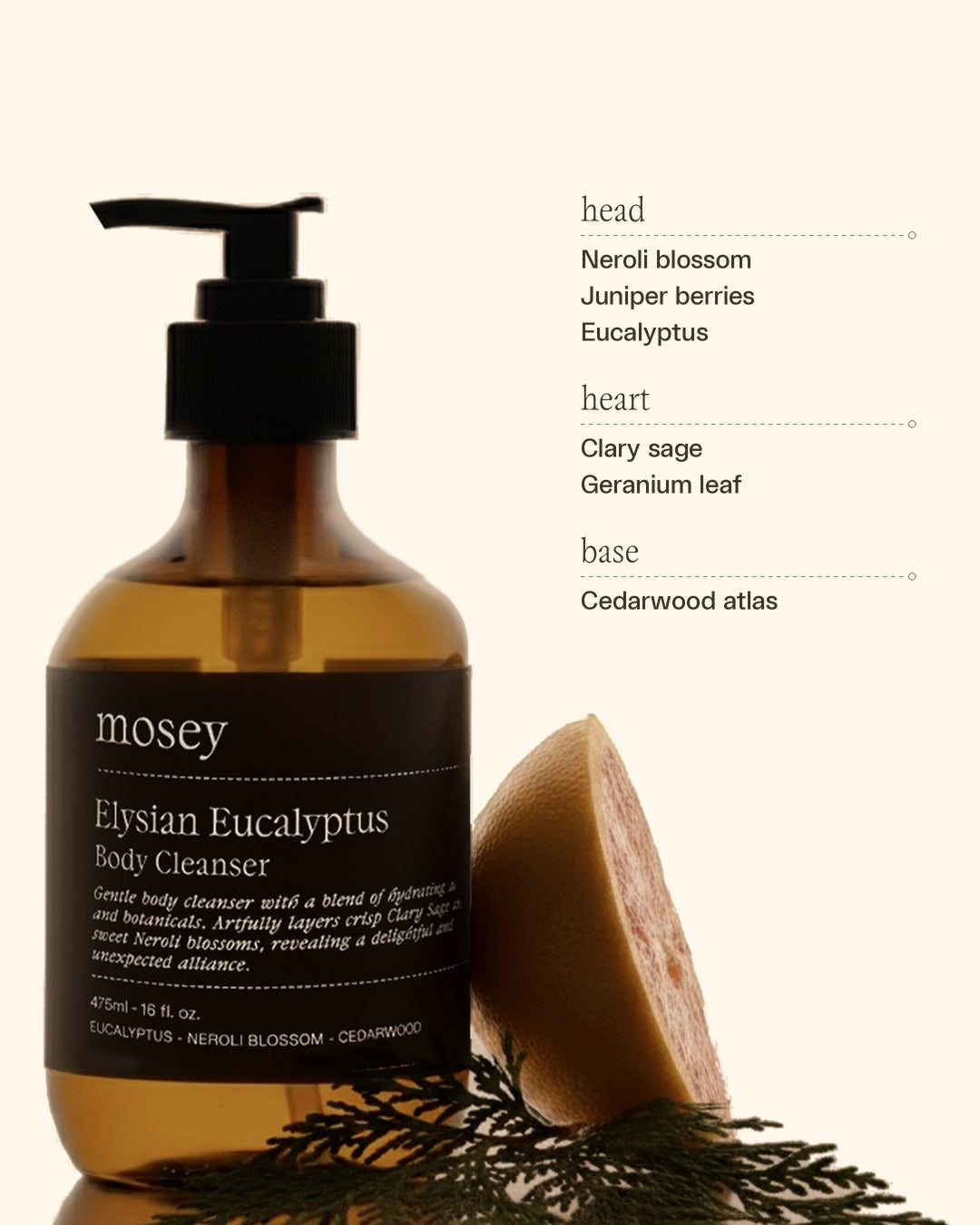 Mosey Elysian Eucalyptus body cleanser fragrance notes: neroli blossom, juniper berries, eucalyptus, clary sage, geranium leaf, cedarwood atlas
