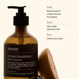 Mosey Elysian Eucalyptus body cleanser fragrance notes: neroli blossom, juniper berries, eucalyptus, clary sage, geranium leaf, cedarwood atlas