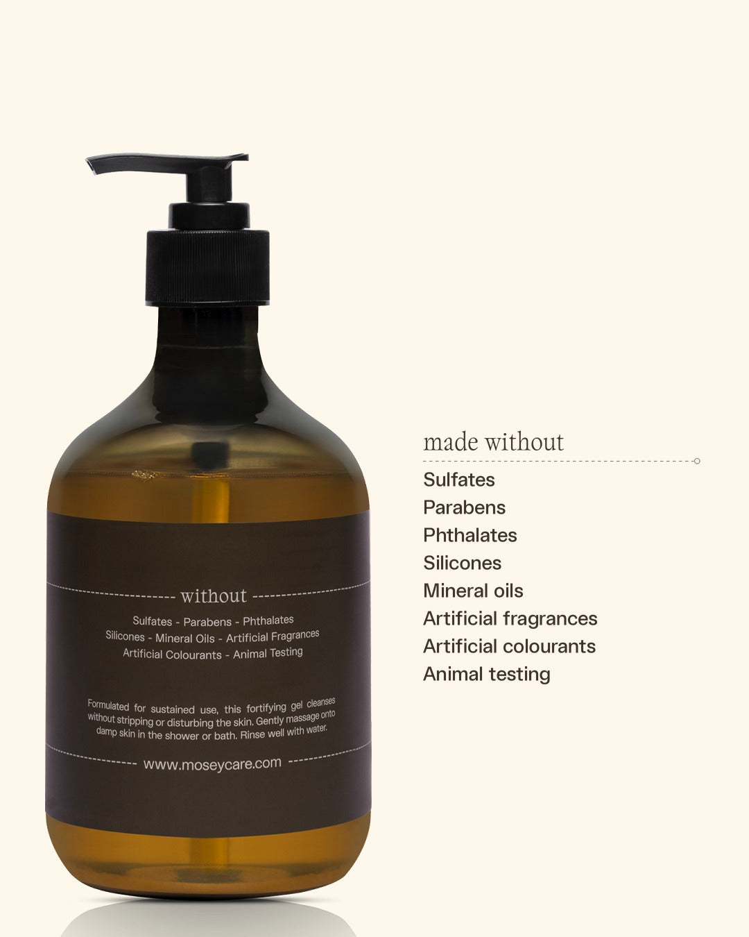 Mosey Elysian Eucalyptus body cleanser made without sulfates, parabens, phthalates, silicones, mineral oils, artificial fragrances and colours